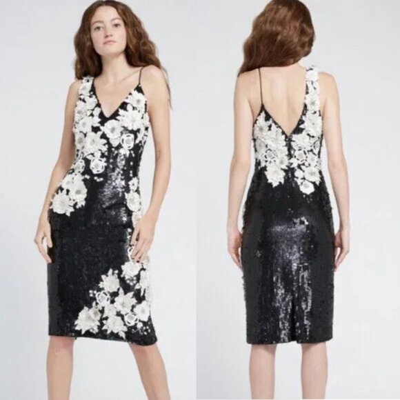 Alice+Olivia FRANCIE Asymmetric Floral Appliques Sequin Embellished Fitted Dress - Picture 5 of 16